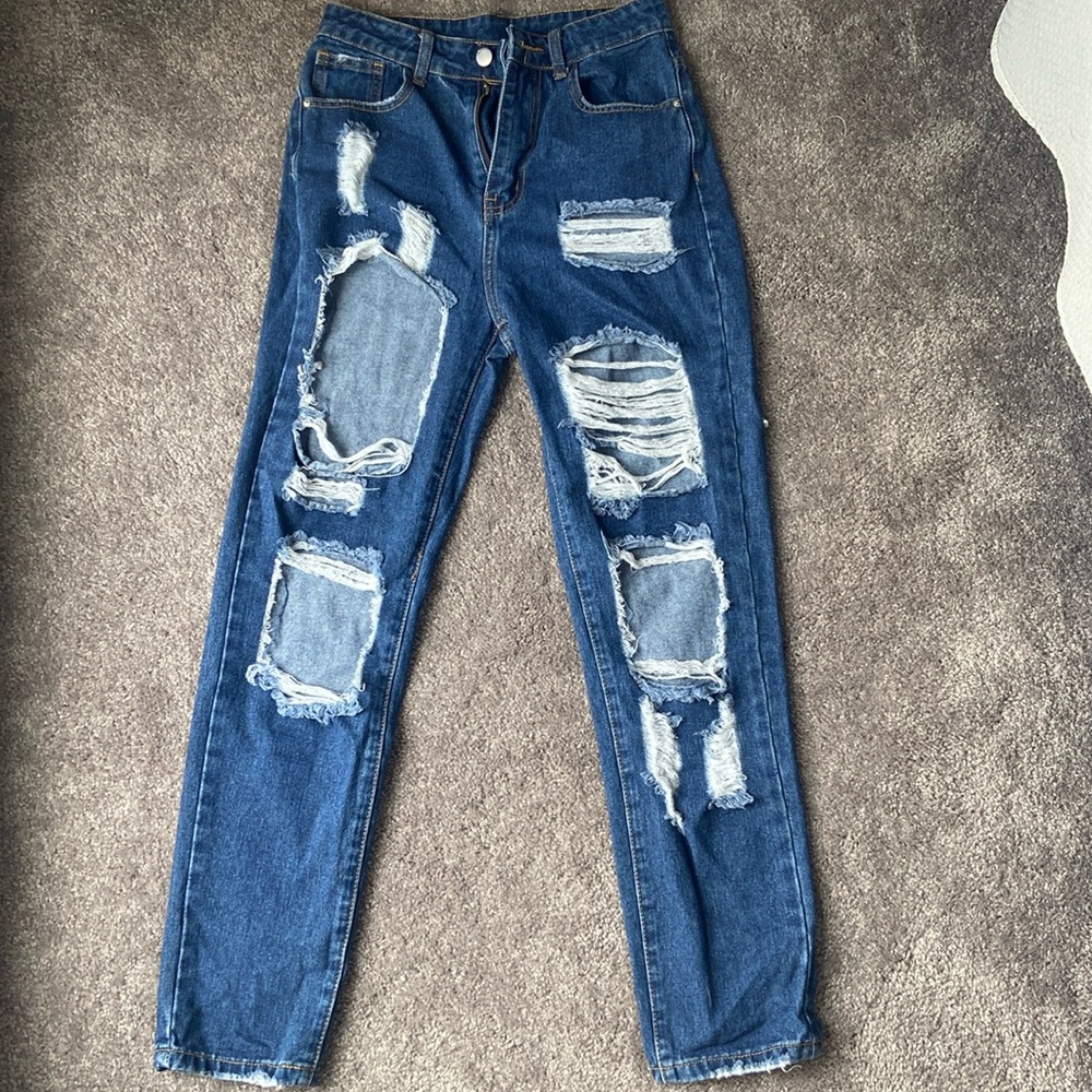 Ripped Straight Leg Blue Jeans